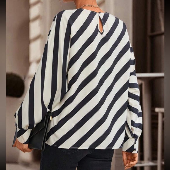 Classic Elegant Striped Print Batwing Sleeve Blouse Top Shirt - Picture 2 of 9